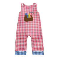 Red gingham romper for babies and toddlers with brown tool-pocket applique and blue cuffs.