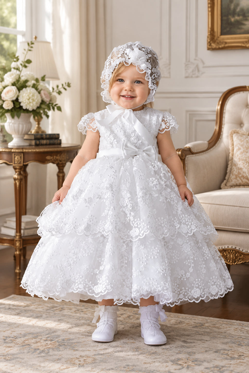 Lucee White Lace Tiered Special Occasion Gown for Girls