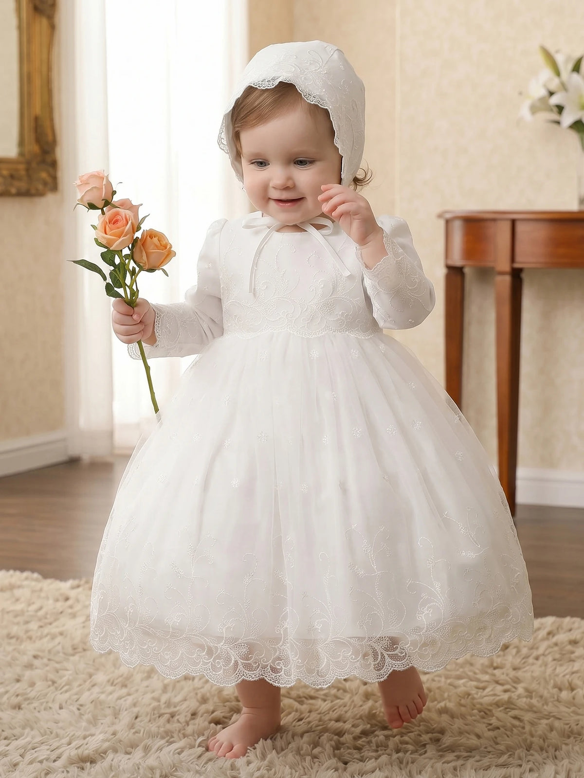 Aurelia Baby Girls White Long-Sleeve Tulle Special Gown
