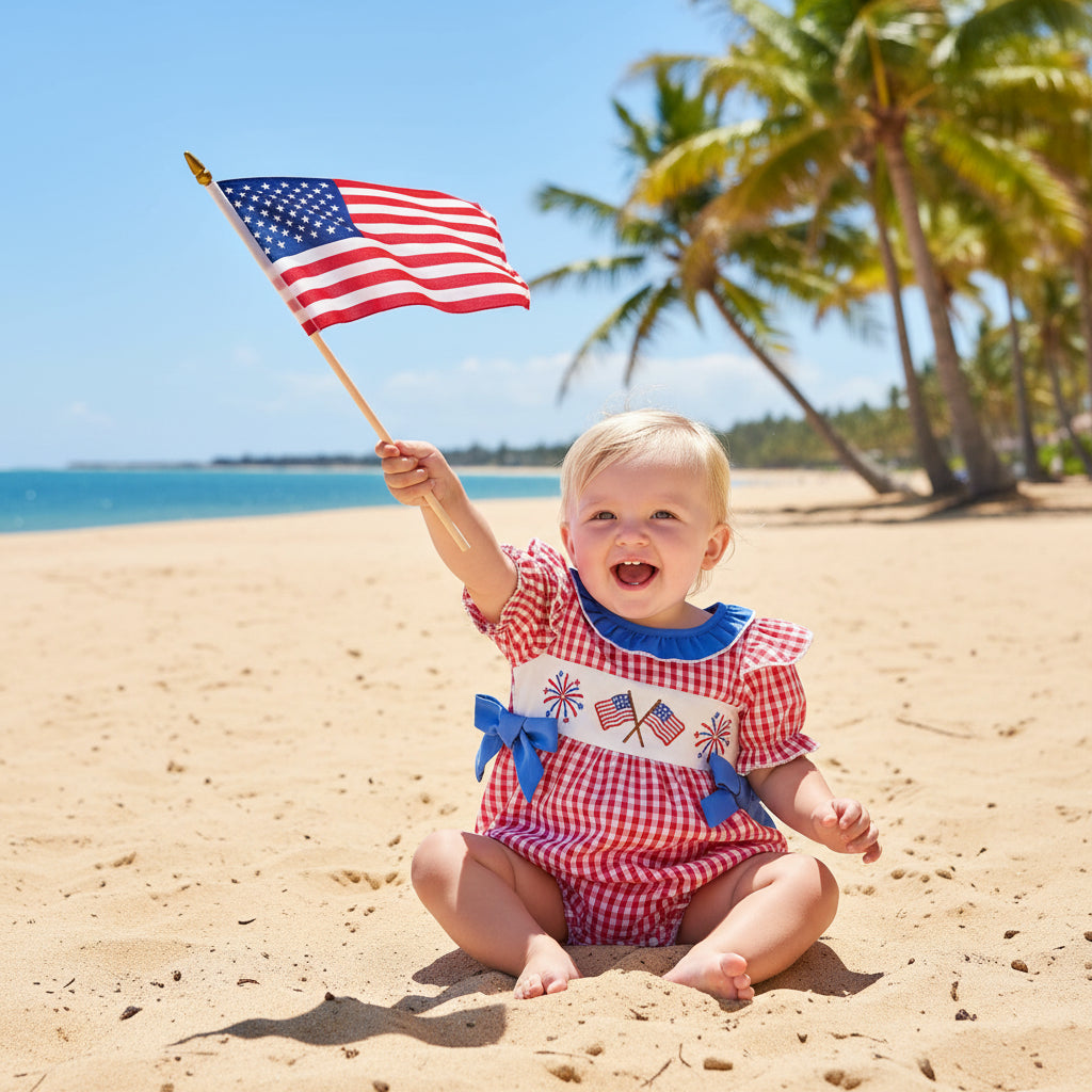 Red, White, Blue, and Frills Patriotic Little Girls Romper - The Palm Beach Baby Estimated 10 - 18 Day Shipping