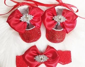Opulent Baby's Shoe and Headpiece Set - Totally Red