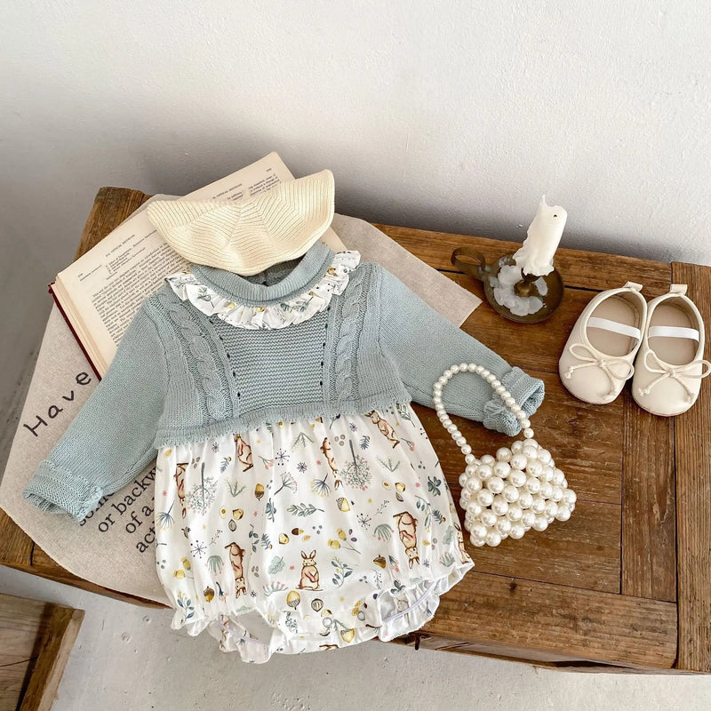 Amelia Bunny Print Dress - Comfortable bunny print romper designed for kids aged newborn to 6 years, perfect for pre-k events.