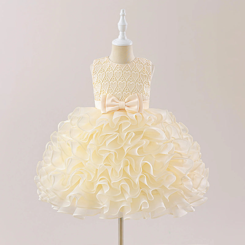 Cream 'Evengaline' Tulle Tiered Dress for Girls with a lace bodice and voluminous ruffled skirt, ideal for weddings or parties.