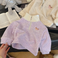 Polly purple children's fleece pullover with embroidered horse zipper detail. Soft long-sleeve fall and winter kids sweater.