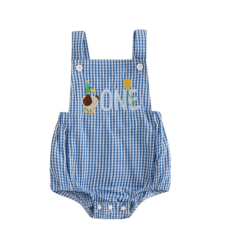 Duck themed birthday romper with 'ONE' and balloon embroidery on a blue check design, ideal for baby festive occasions.