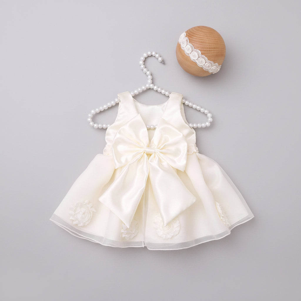 Lara Elegant Infant Special Occasion Dress with large bow and pearl headband in ivory for 0–3 months