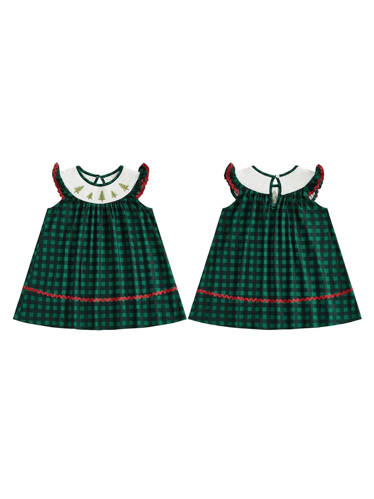 Festive Fir Tree Smocked Flutter Dress - Spruce Green Plaid - The Palm Beach Baby