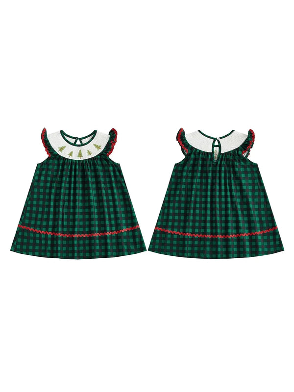 Festive Fir Tree Smocked Flutter Dress - Spruce Green Plaid - The Palm Beach Baby