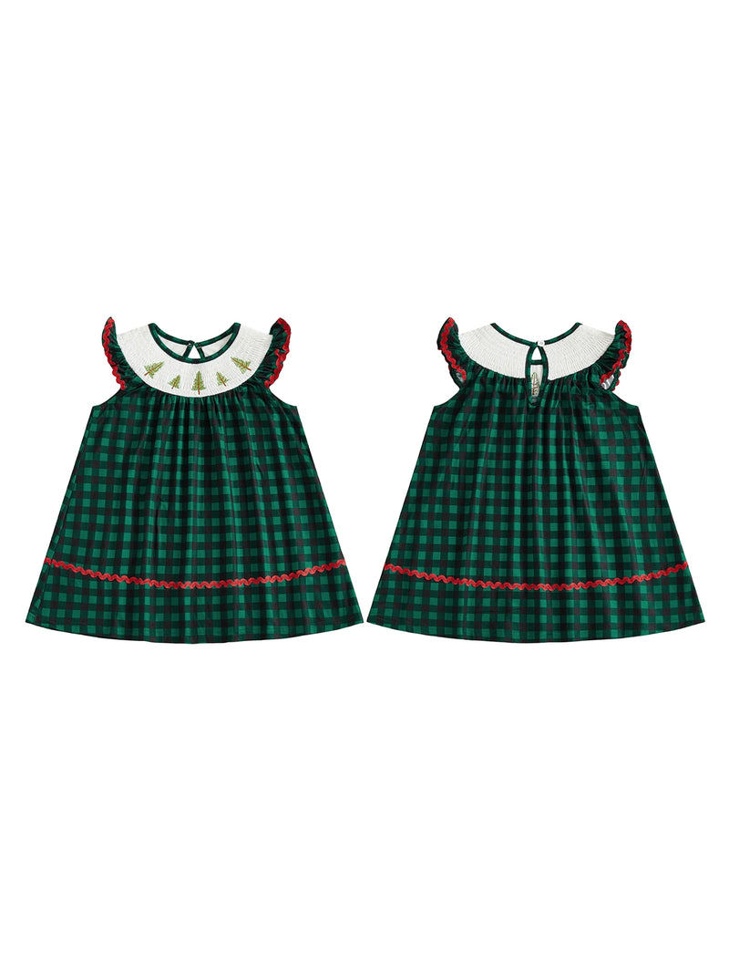 Festive Fir Tree Flutter Smocked Dress - Spruce Green Plaid