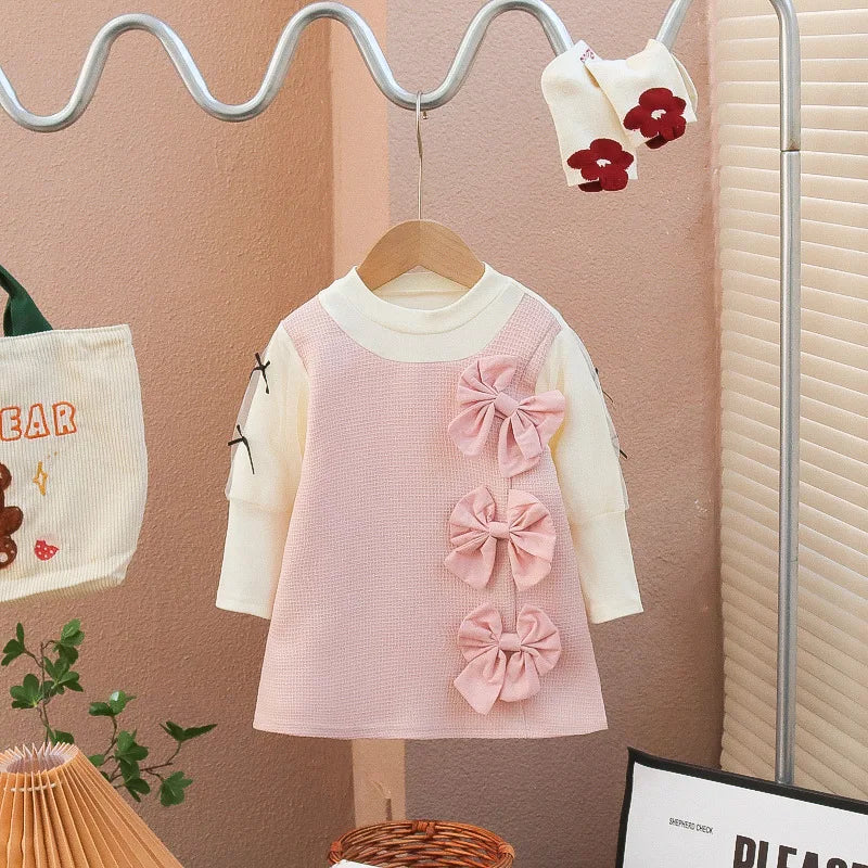 Girl's Dress 2024 Spring and Autumn New Girl's Bow Long sleeved Dress Baby Lace Casual Dress Birthday Party Performance Dress