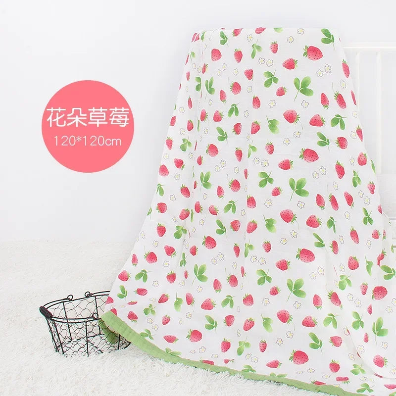 Two-layer bamboo cotton baby swaddle blanket with strawberry pattern, white with green trim, 120x120 cm.