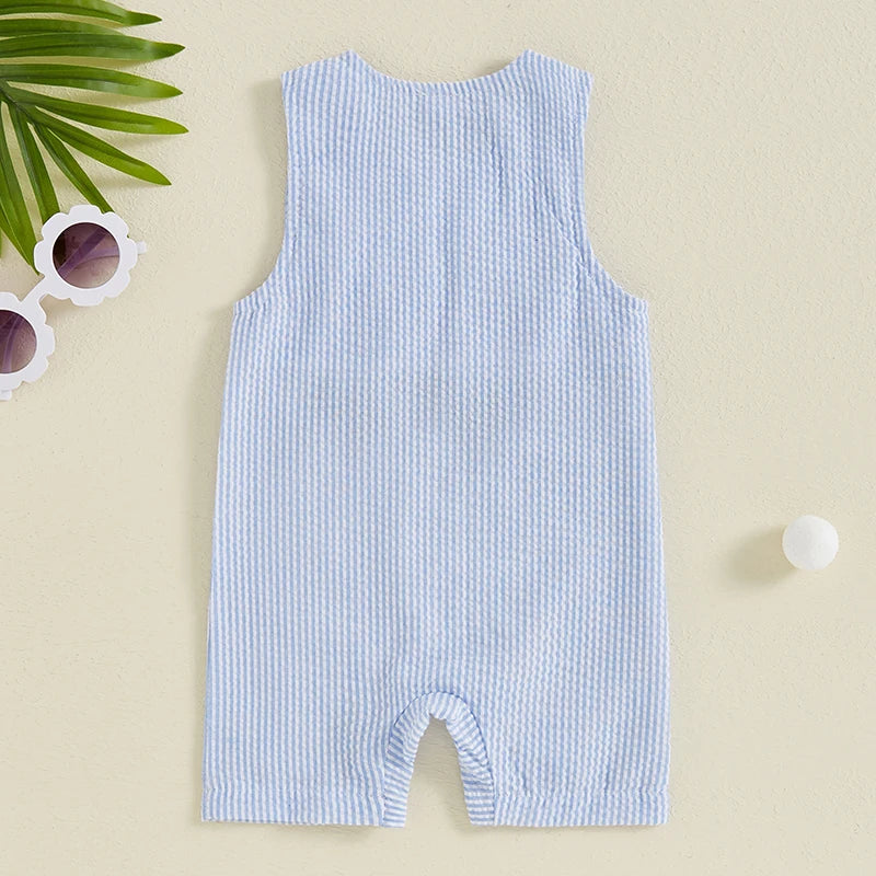 Back view of Hitting the Links, Baby! Boys Golf Cart Romper - Blue Stripe Seersucker, showcasing the stylish sleeveless design for warm days.
