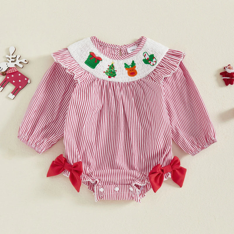 Bows and Stripes Smocked Christmas Bubble - 2 Holiday Colors