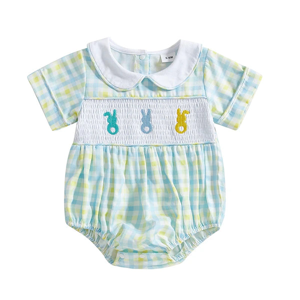 Hoppin' Good Time Plaid Peter Pan Collared Bubble With Bunny Smocking - The Palm Beach Baby Estimated 14 - 20 Day Shipping