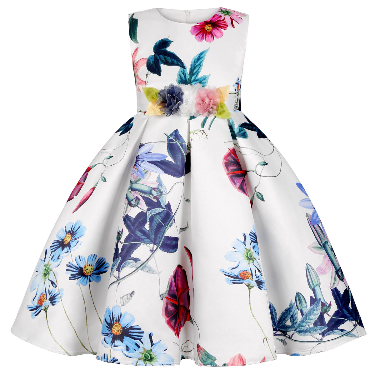 Little girls tropical garden party dress in 6 colors with vibrant floral print, sleeveless, flower belt at waist.