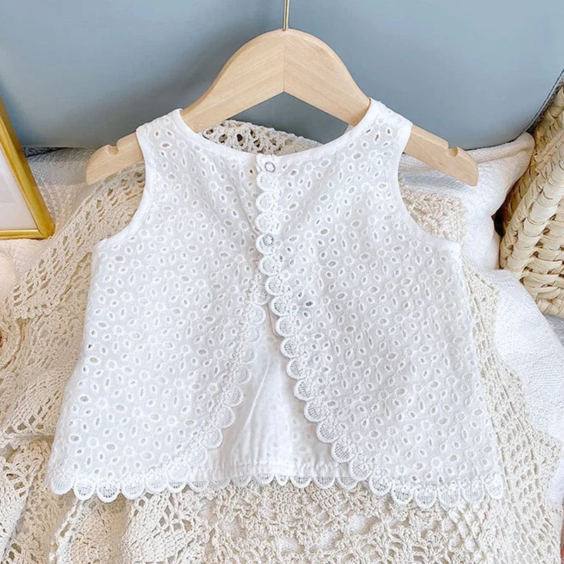Summer and Lace 2 Piece Little Girls Skort and Top Set in Wentworth White, eyelet lace top with scalloped trim.