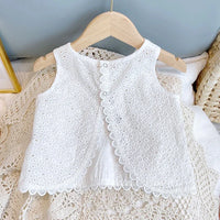 Summer and Lace 2 Piece Little Girls Skort and Top Set in Wentworth White, eyelet lace top with scalloped trim.