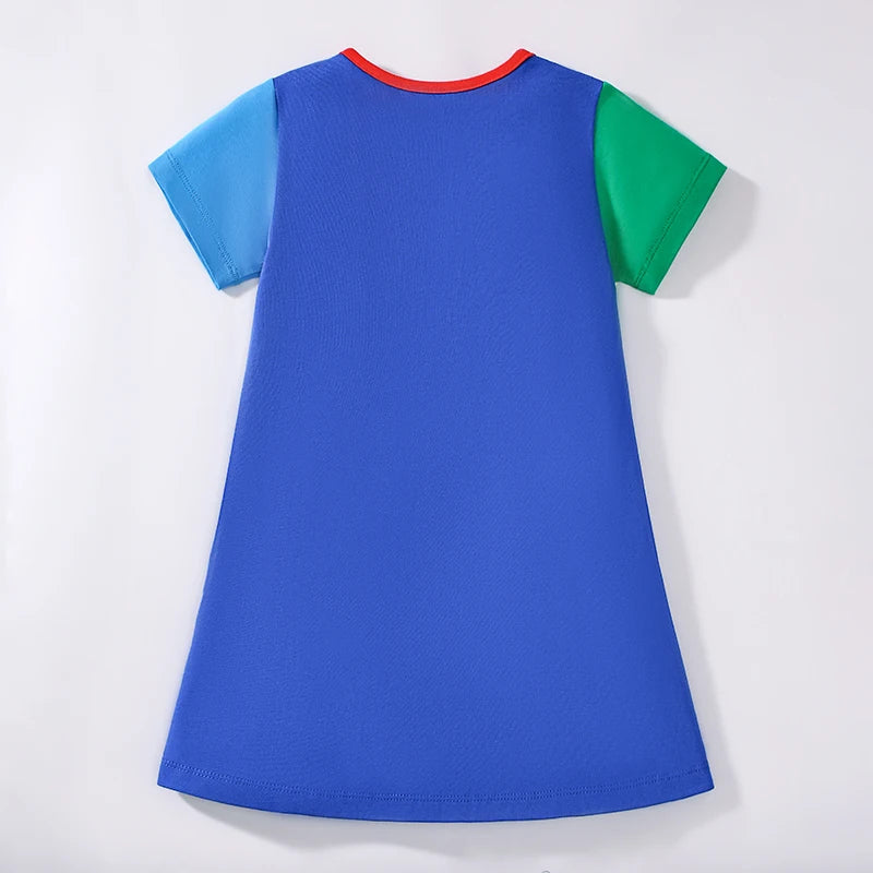 Back view of the 'School Daze' Casual Dress featuring a vibrant blue color and playful design, perfect for girls aged 2 to 7.