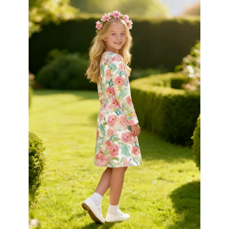 "Hannah" Watercolor Rose Long-Sleeve A-Line Dress