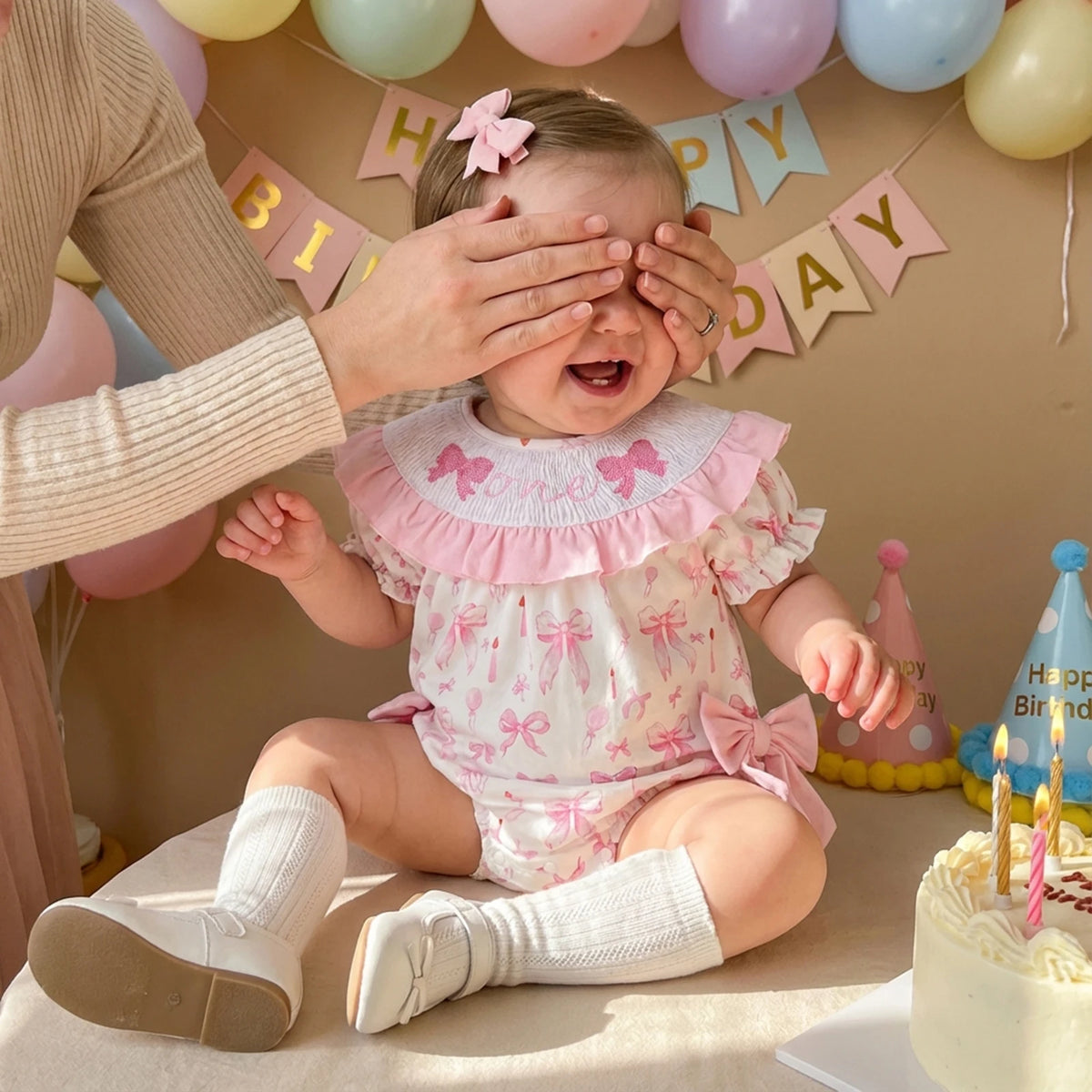 Birthday Frills Smocked Bubble Romper With Adorable Bows - The Palm Beach Baby Estimated 12 - 20 Day Shipping