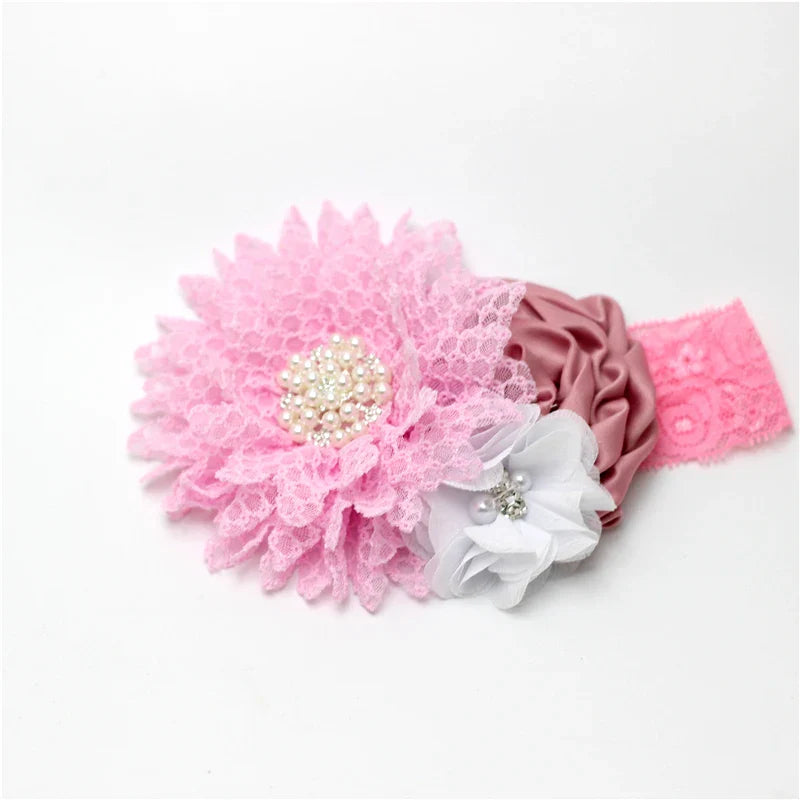 Elegant Chiffon Beaded Baby Hair Accessories showcasing a light pink flower headband with delicate lace, perfect for newborns and toddlers.