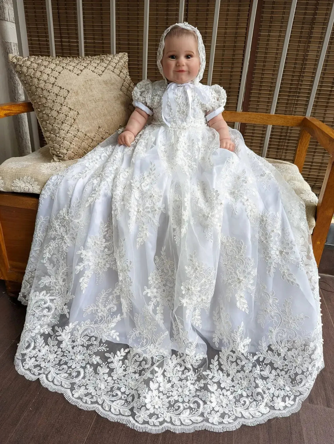 Ava Lace Christening Gown - Elegant Heirloom Design with Appliques & Puff Sleeves - 2 Colors - The Palm Beach Baby