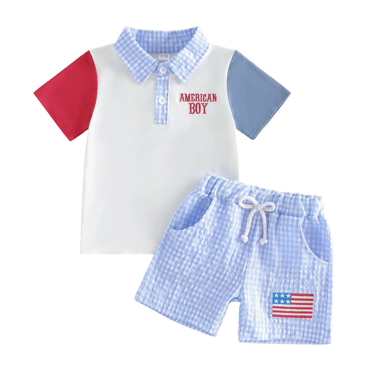 American Boy patriotic polo shirt with red/blue sleeves, gingham collar, light blue seersucker shorts with flag patch.