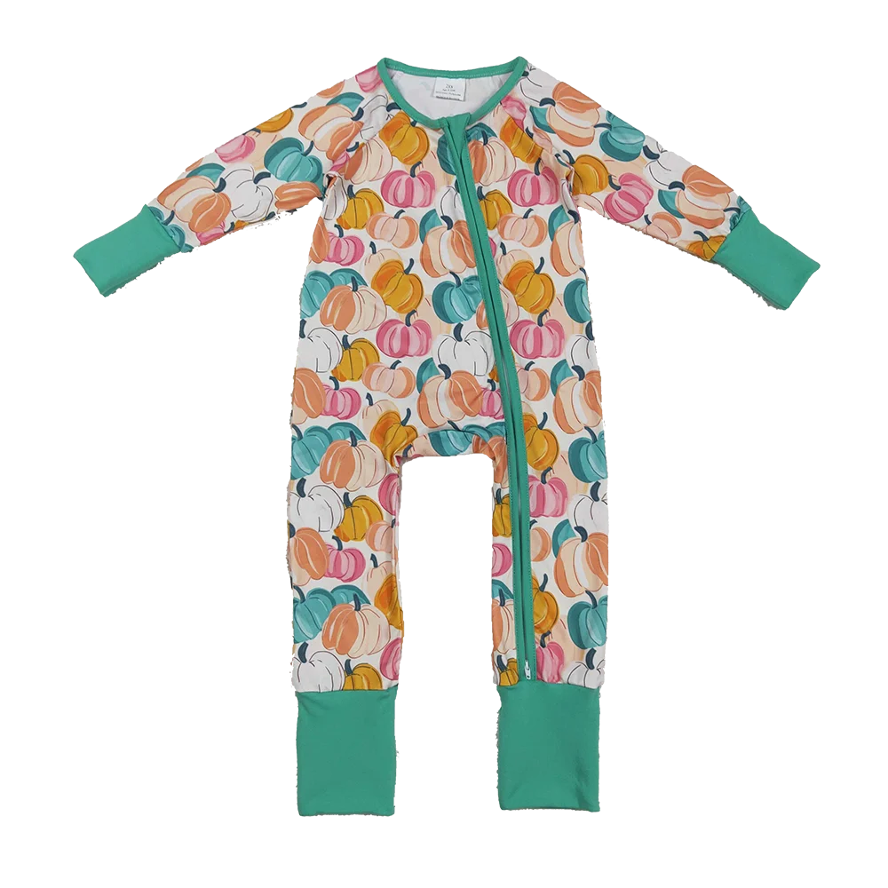 'Pumpkin Harvest' Long Sleeved Pumpkin Print Romper featuring a colorful pumpkin design and convenient zippered front, perfect for fall baby outfits.