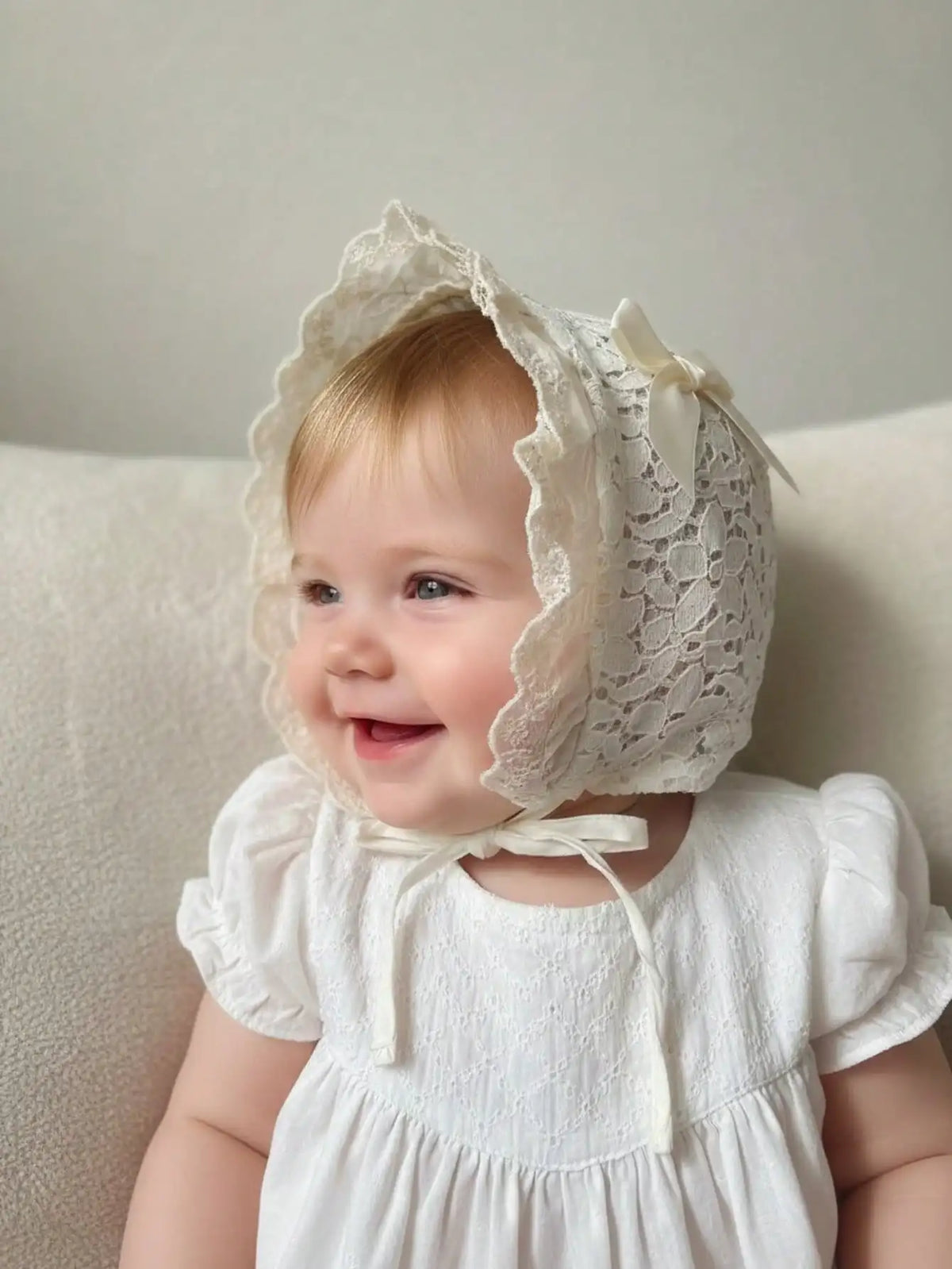 Penelope Ruffled Lace Embroidered Flower Baby Bonnet - 2 Color Options