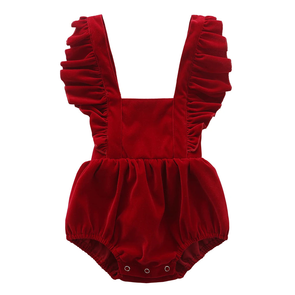 Little Sofie Velvet Frilly Bubble in rich burgundy color, showcasing the adorable frilly design and soft velvet fabric, perfect as a frilly bubble romper for little girls.