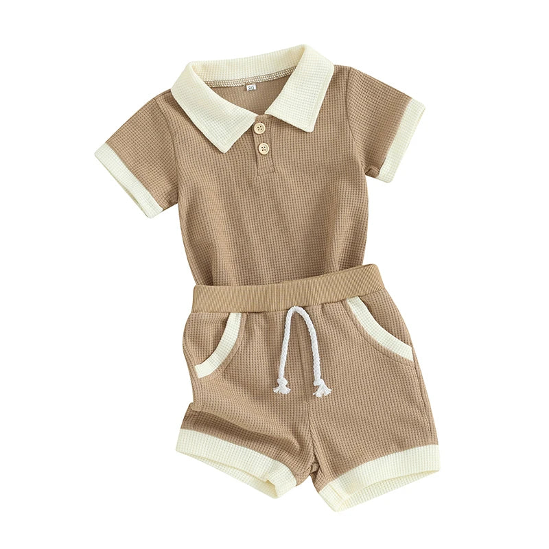 Ocean Breezes Boys 2 Piece Shorts Set: polo-style beige waffle-knit shirt with cream collar and matching shorts