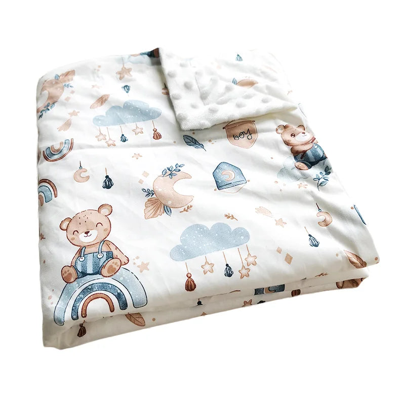 Dotted Minky Blanket in Colorful Prints, 100x75 cm, lightweight polyester/cotton with bears and rainbows for babies 4-6