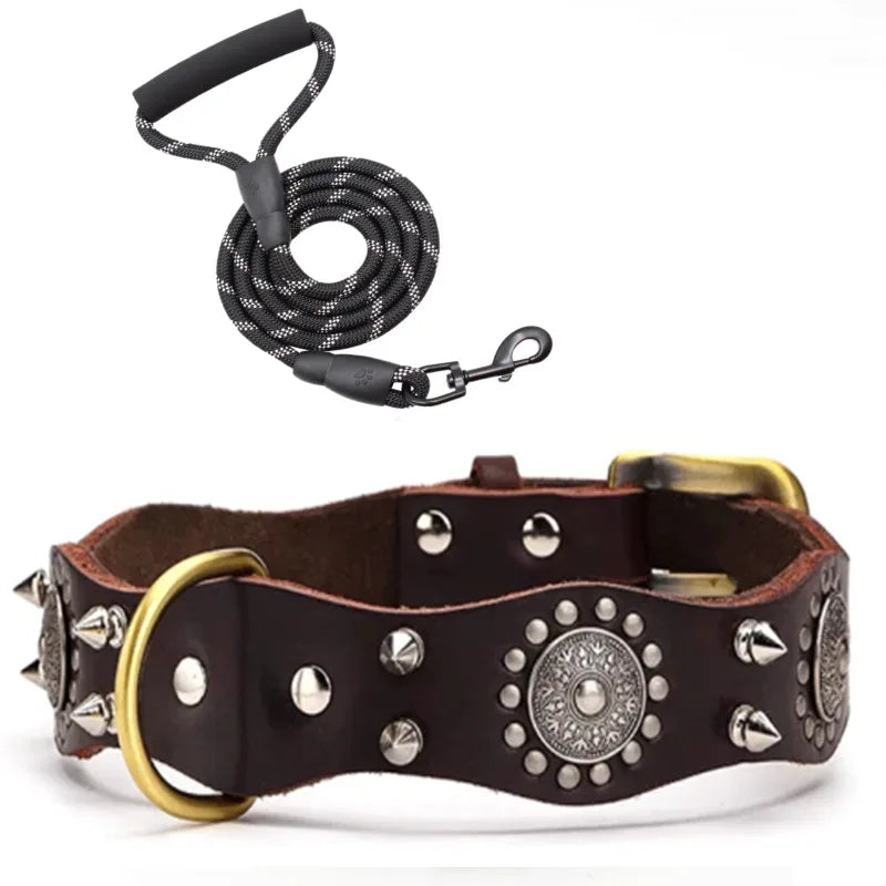 MACHO Pet: Fashionable Dog Collar Set - Brown Western-Themed Leather Collar and Leash with Gold Spikes - The Palm Beach Baby