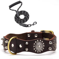 MACHO Pet: Fashionable Dog Collar Set - Brown Western-Themed Leather Collar and Leash with Gold Spikes - The Palm Beach Baby