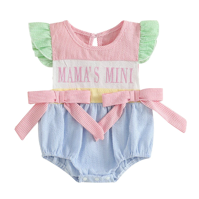 Mama's Mini Striped Seersucker Bubble Romper featuring playful pastel colors and bow accents, designed for infants up to 18 months.