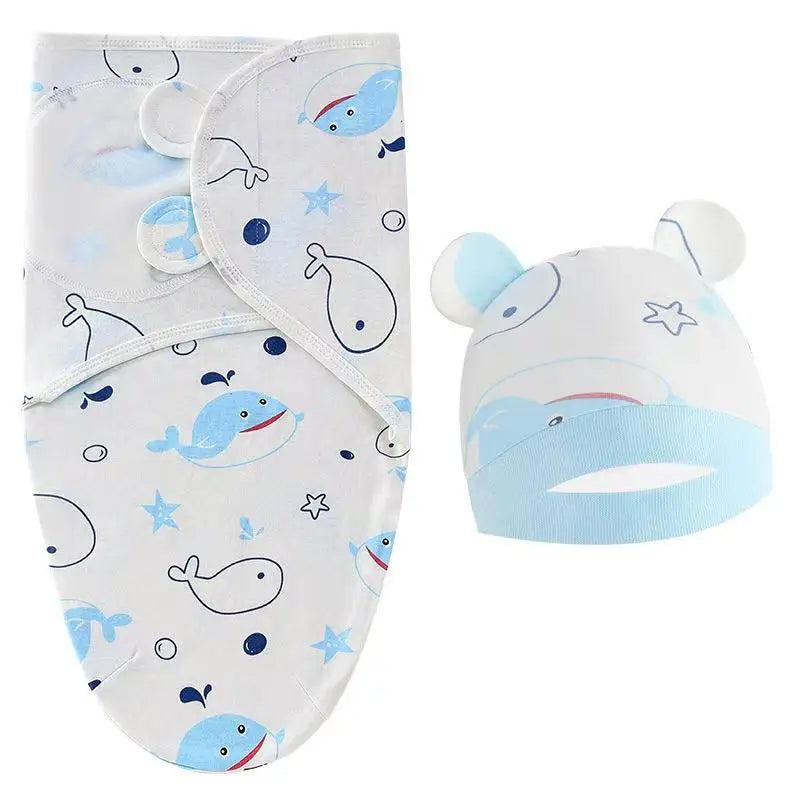Soothing Baby Swaddle Set Cartoon for Newborns showing a polka dot printed swaddle wrap with a matching bear hat.