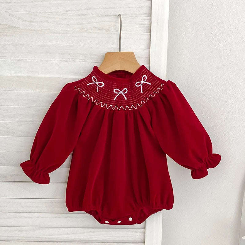 "Bow-Licious" Holiday Red Smocked Bubble - Long Sleeves