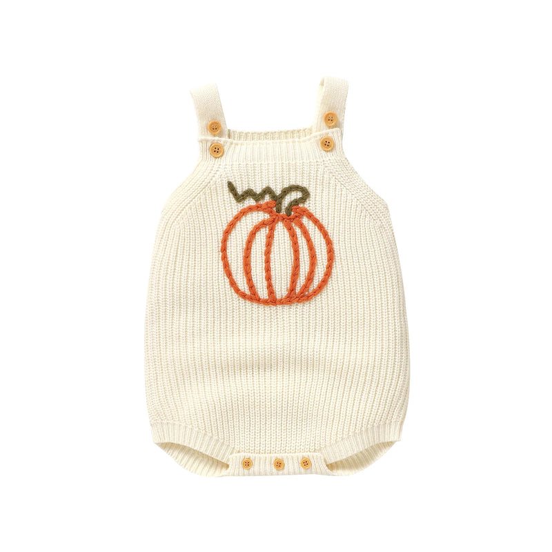 Pumpkin Embroidered Overalls Knit Baby Outfit laid flat - This adorable knit baby outfit features a festive pumpkin design, perfect for fall.