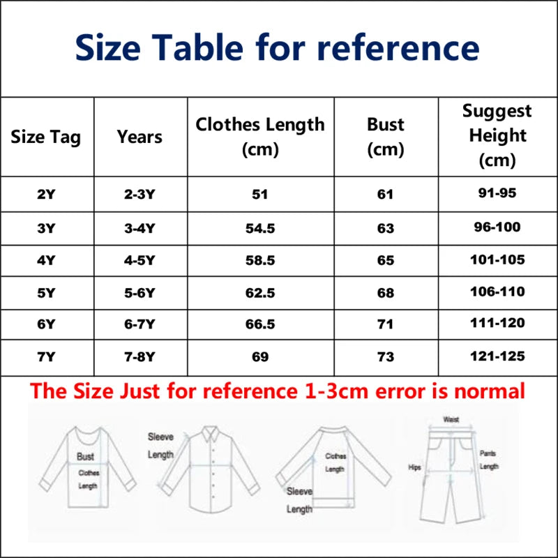 Size chart for the Little Cutie fun print dress for girls, providing details on measurements for different age groups.
