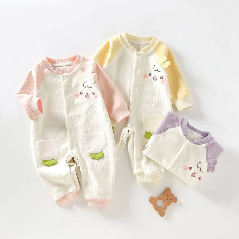 Bunny Cute Romper Jumpsuit in pink and yellow options, perfect cute baby romper for little ones.
