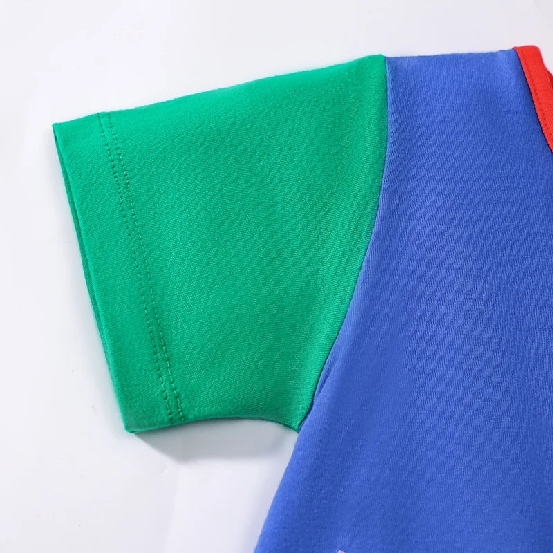 Detail of the sleeve of the 'School Daze' Casual Dress showcasing a colorful green and blue design, ideal for fun and casual wear.