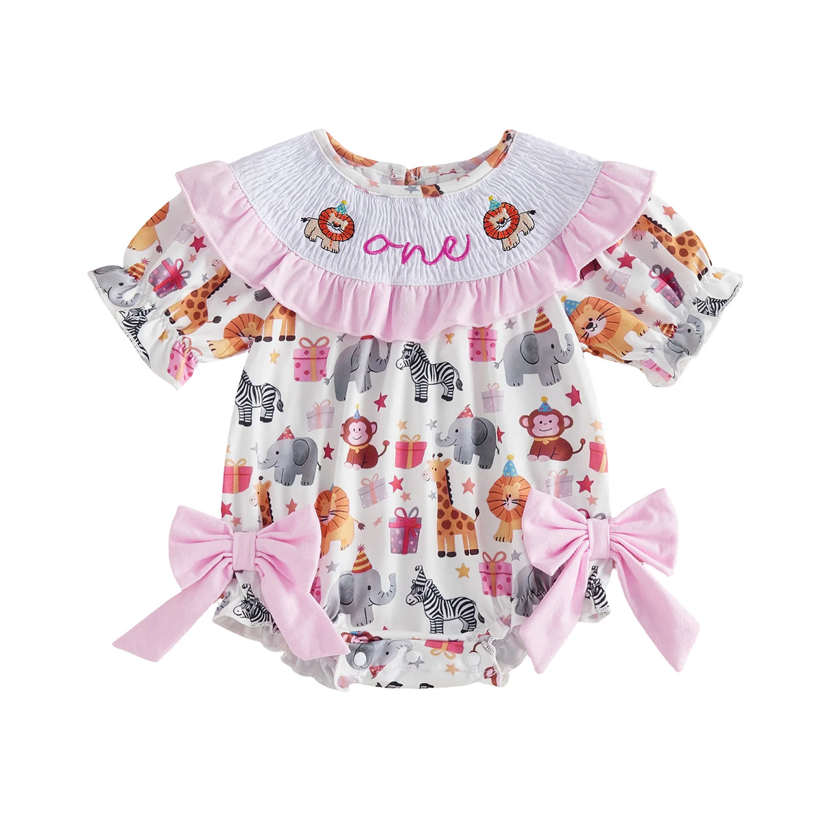 Birthday Frills Smocked Bubble Romper With Adorable Bows - The Palm Beach Baby Estimated 12 - 20 Day Shipping