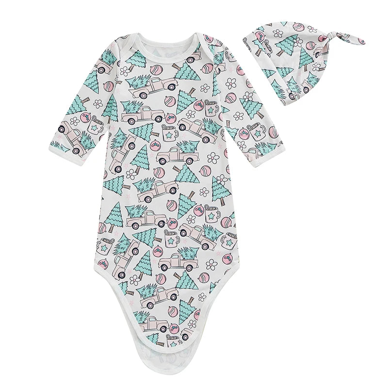 Tree-patterned Candy Cane Sweetie Sleeper Swaddle Gown & Hat, perfect for the holiday season, illustrating the comfort and style of the baby swaddle gown.