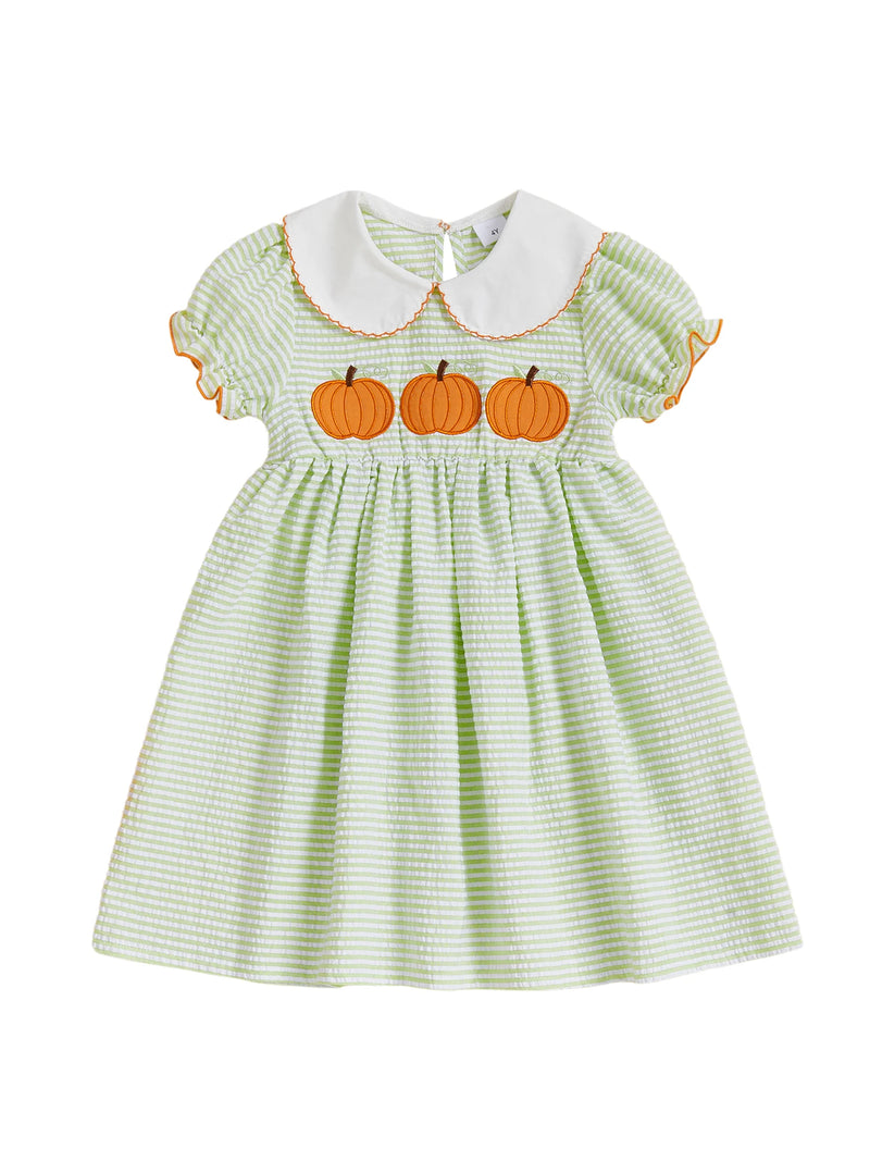 Pumpkins & Puff Sleeves Green Stripe Dress