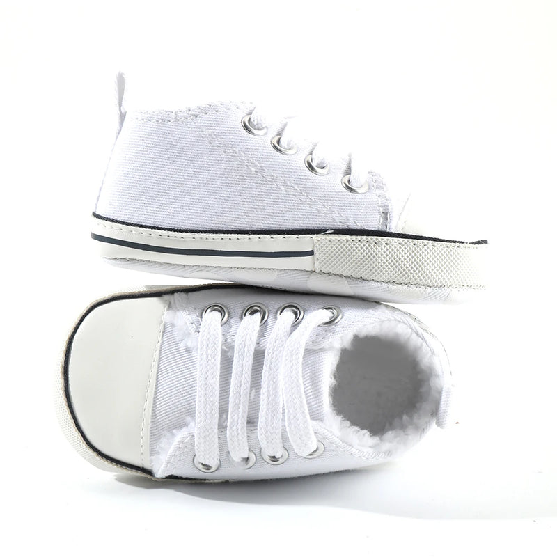 Stylish Baby's Canvas Soft Soles Lace-up First Walkers - White Star on a neutral background, highlighting the breathable canvas upper and lace-up closure.