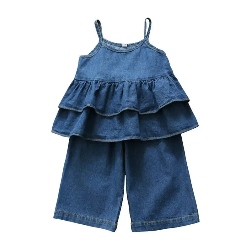 Close-up of the 'Roxanne' Ruffled Denim Pant Set for Girls showing the solid denim blue color.