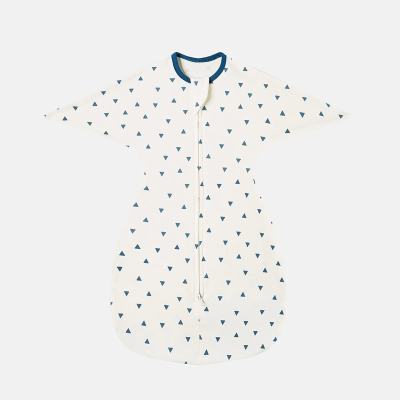 Sleepytime Anti-Kick Infant Sleep Sacks featuring geometric triangle patterns in white and navy, ensuring a snug fit.