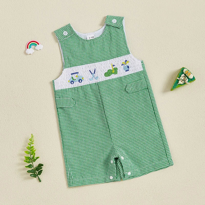 "Golfing Baby" Green Checked Romper