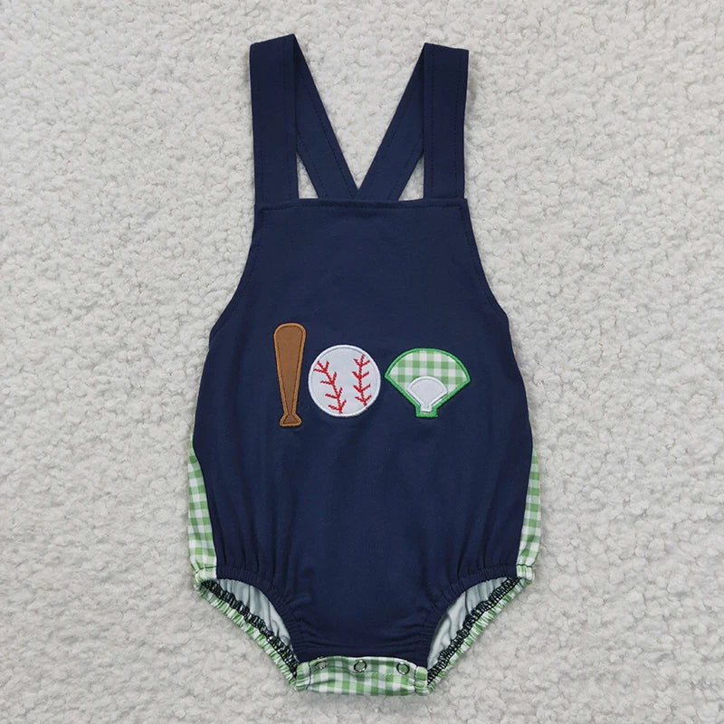Stylish Homerun! Fun In Sun Summer Baby Rompers in navy blue with baseball graphics, perfect for outdoor play.