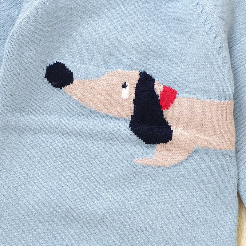 Detailed view of the dachshund embroidery on the "Doxie Dashound" Embroidered Baby Sweater Romper.